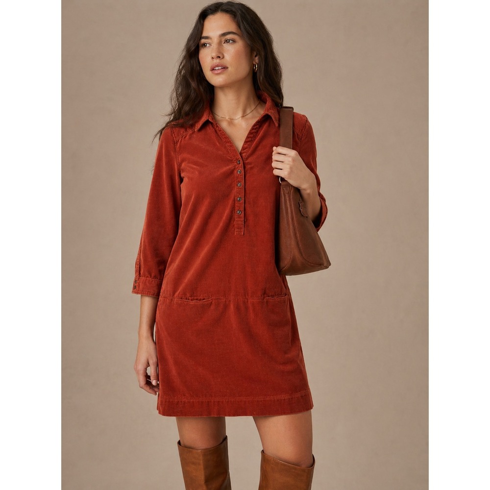 Odille Anthropologie Corduroy Mini Dress Sz 4 Burnt Orange 3/4 Sleeve Preppy
